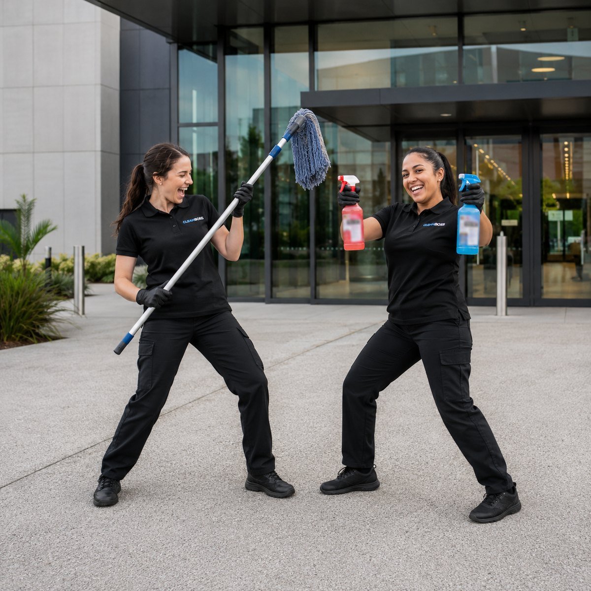The Clean Boss team outside a commercial building